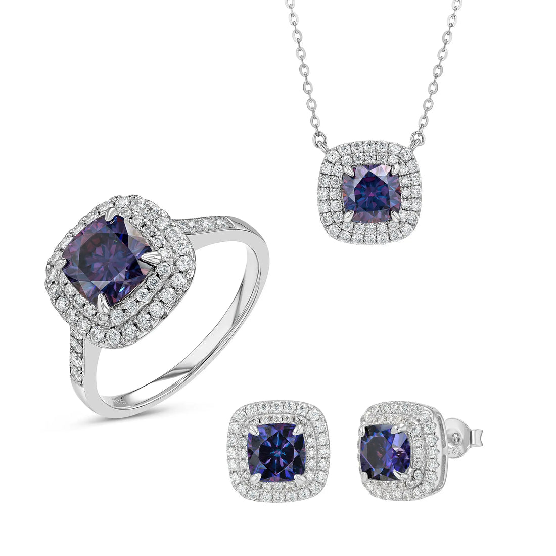 Amethyst & Moissanite Cushion Cut Jewellery Set Summer Diamonds