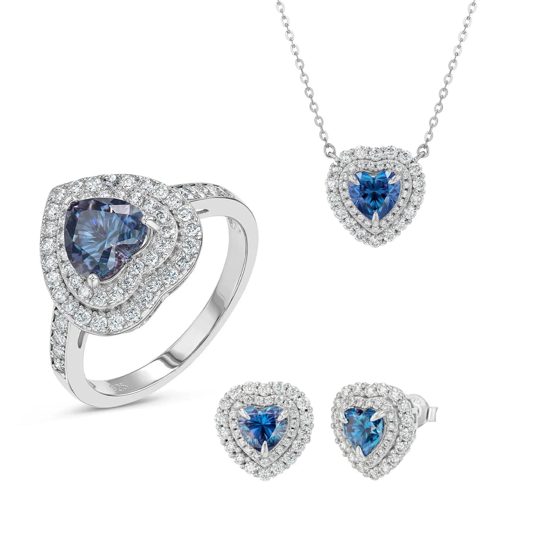 Blue Sapphire & Moissanite Heart Cut Jewellery Set Summer Diamonds