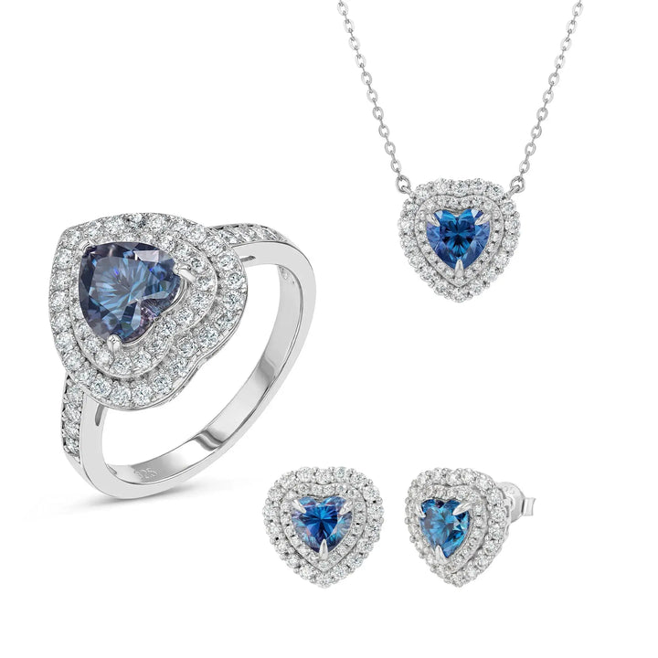 Blue Sapphire & Moissanite Heart Cut Jewellery Set Lab Grown Diamonds