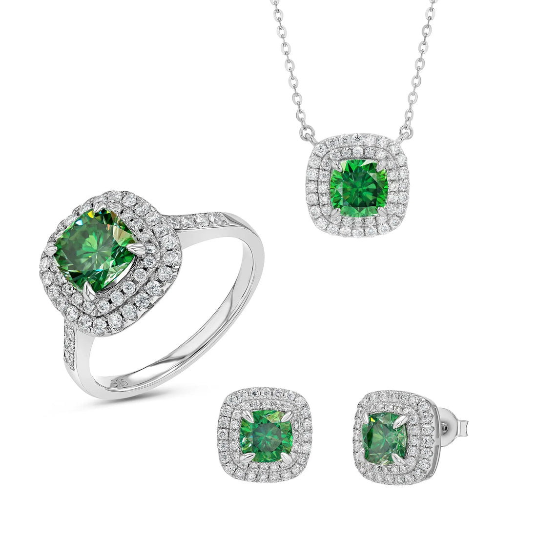 Emerald & Moissanite Cushion Cut Jewellery Set Summer Diamonds