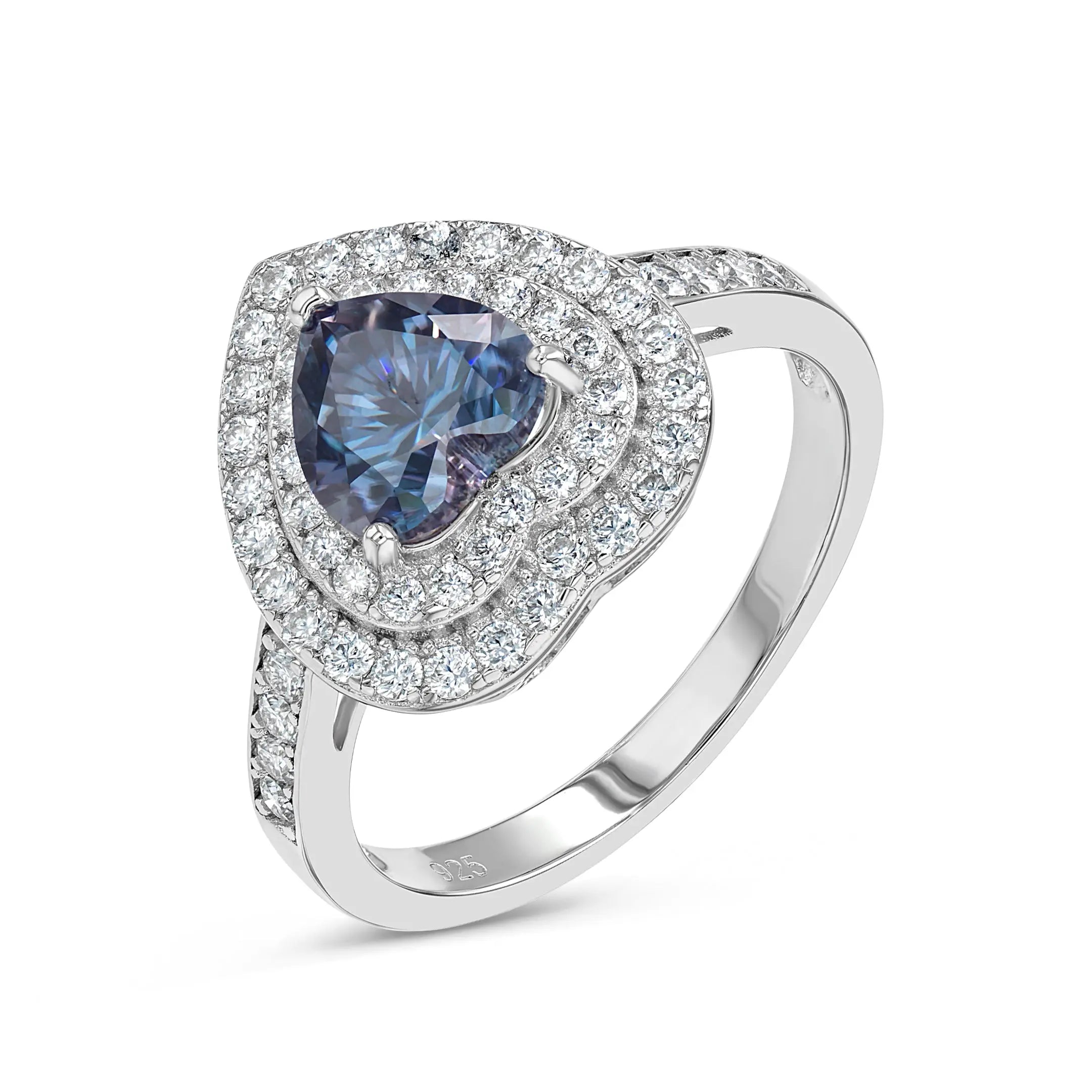 Blue Sapphire & Moissanite Heart Halo Ring Summer Diamonds