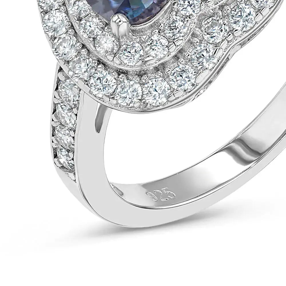Blue Sapphire & Moissanite Heart Halo Ring Lab Grown Diamonds