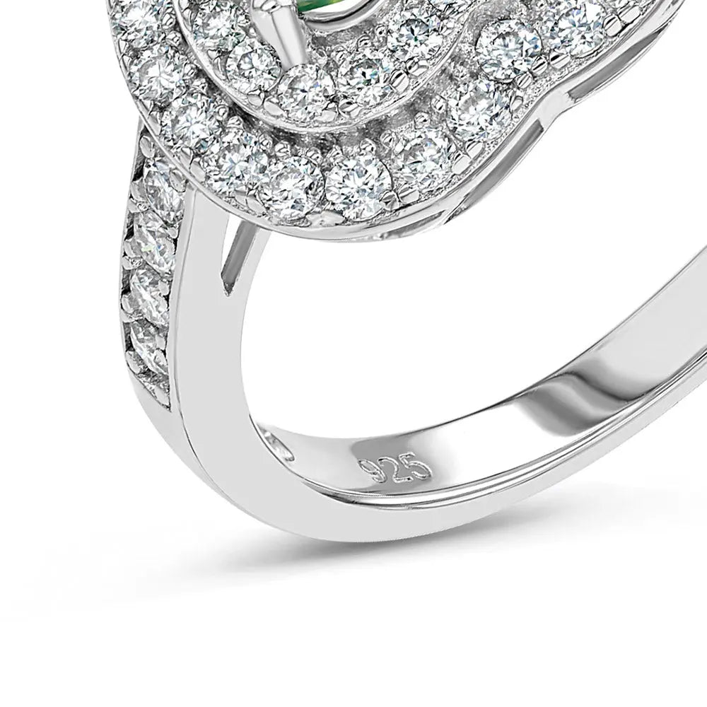 Emerald & Moissanite Heart Halo Ring Summer Diamonds