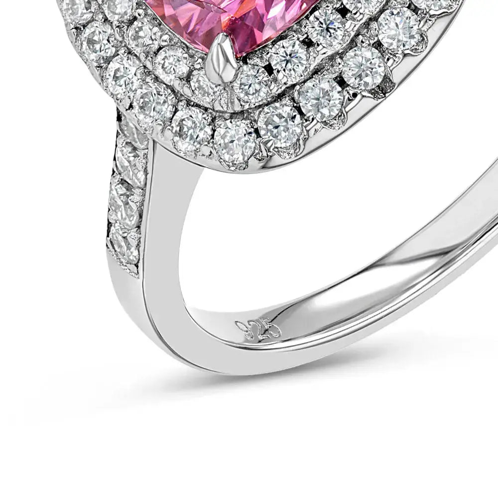 Pink Diamond and Moissanite Cushion Cut Halo Ring Lab Grown Diamonds
