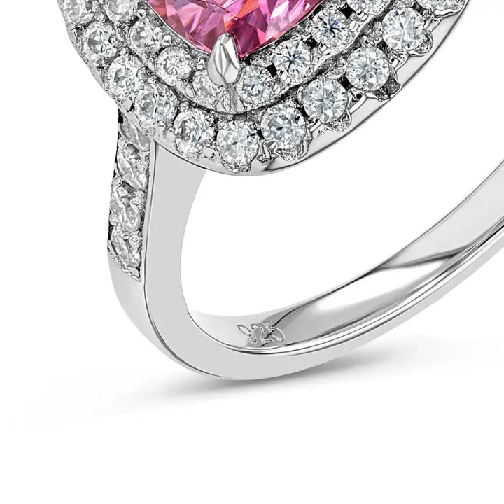 Pink Diamond and Moissanite Cushion Cut Halo Ring Lab Grown Diamonds