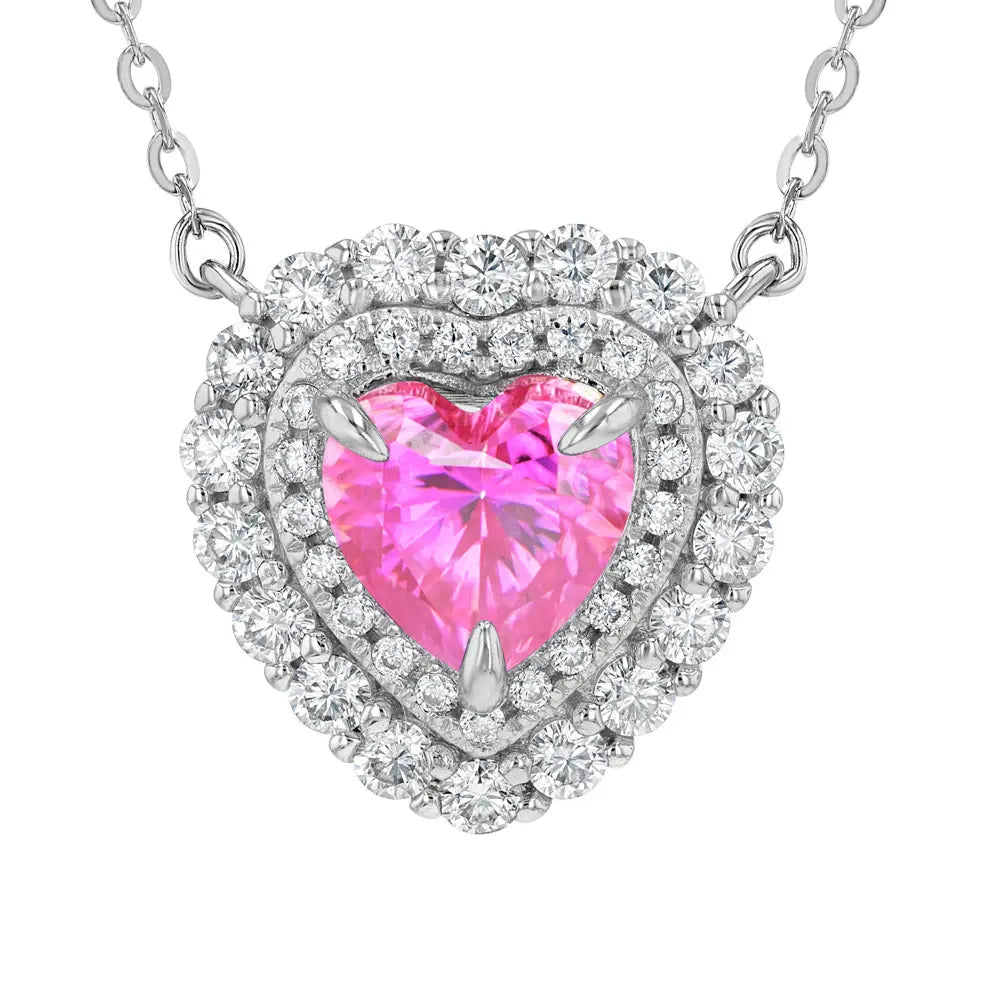 Pink & Diamond & Moissanite Heart Halo Pendant Summer Diamonds