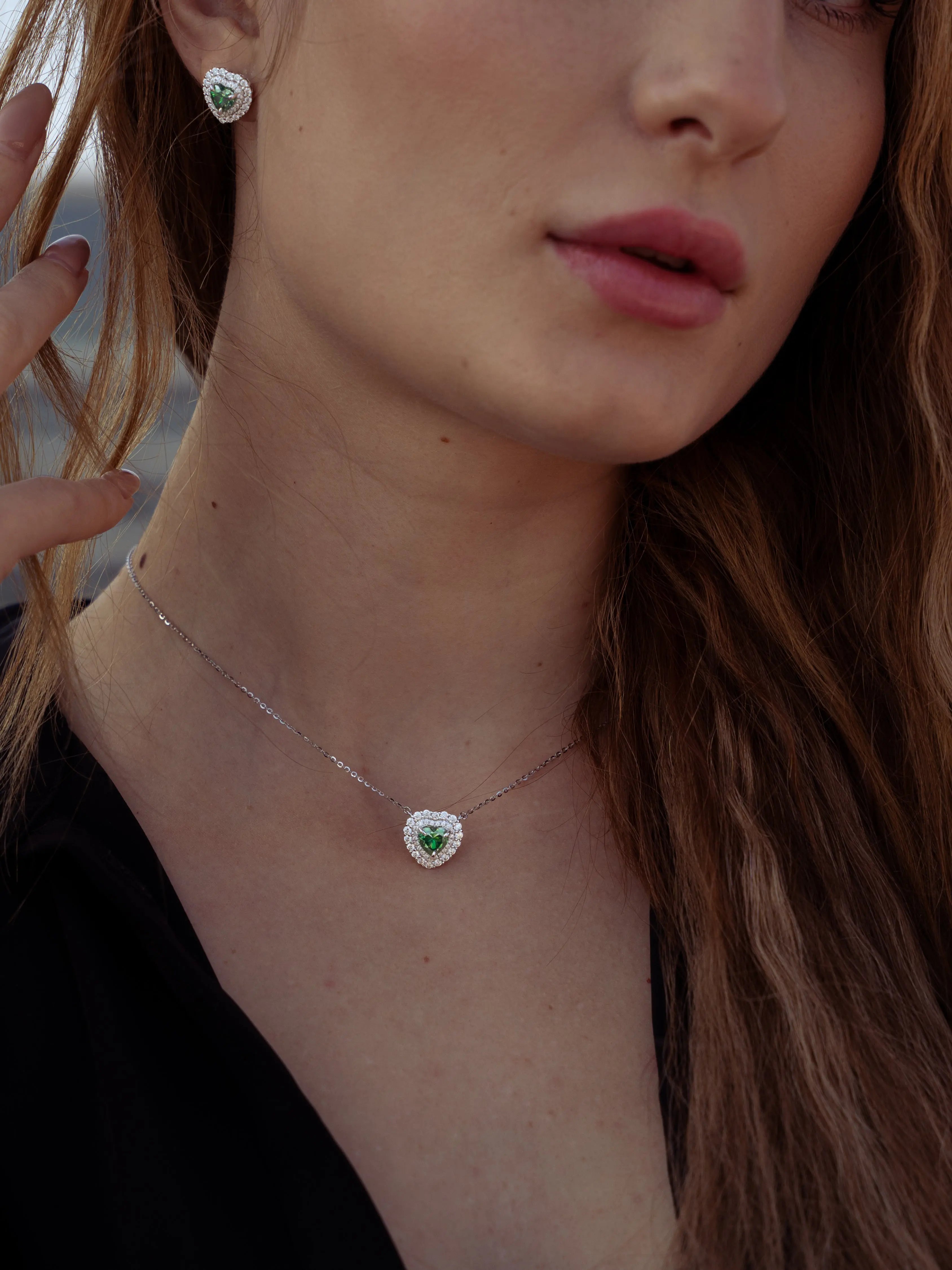 Emerald & Moissanite Heart Halo Pendant - Lab Grown Diamonds Store