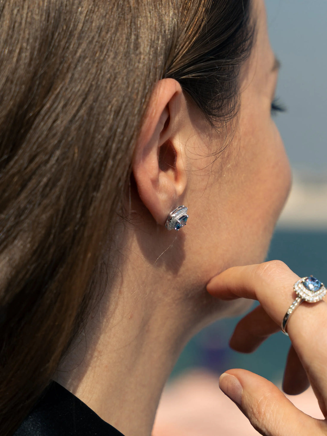 Blue Sapphire & Moissanite Cushion Halo Earrings - Lab Grown Diamonds Store