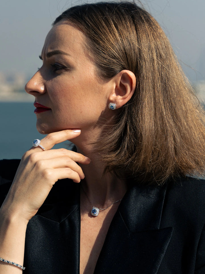 Blue Sapphire & Moissanite Cushion Cut Jewellery Set - Lab Grown Diamonds Store