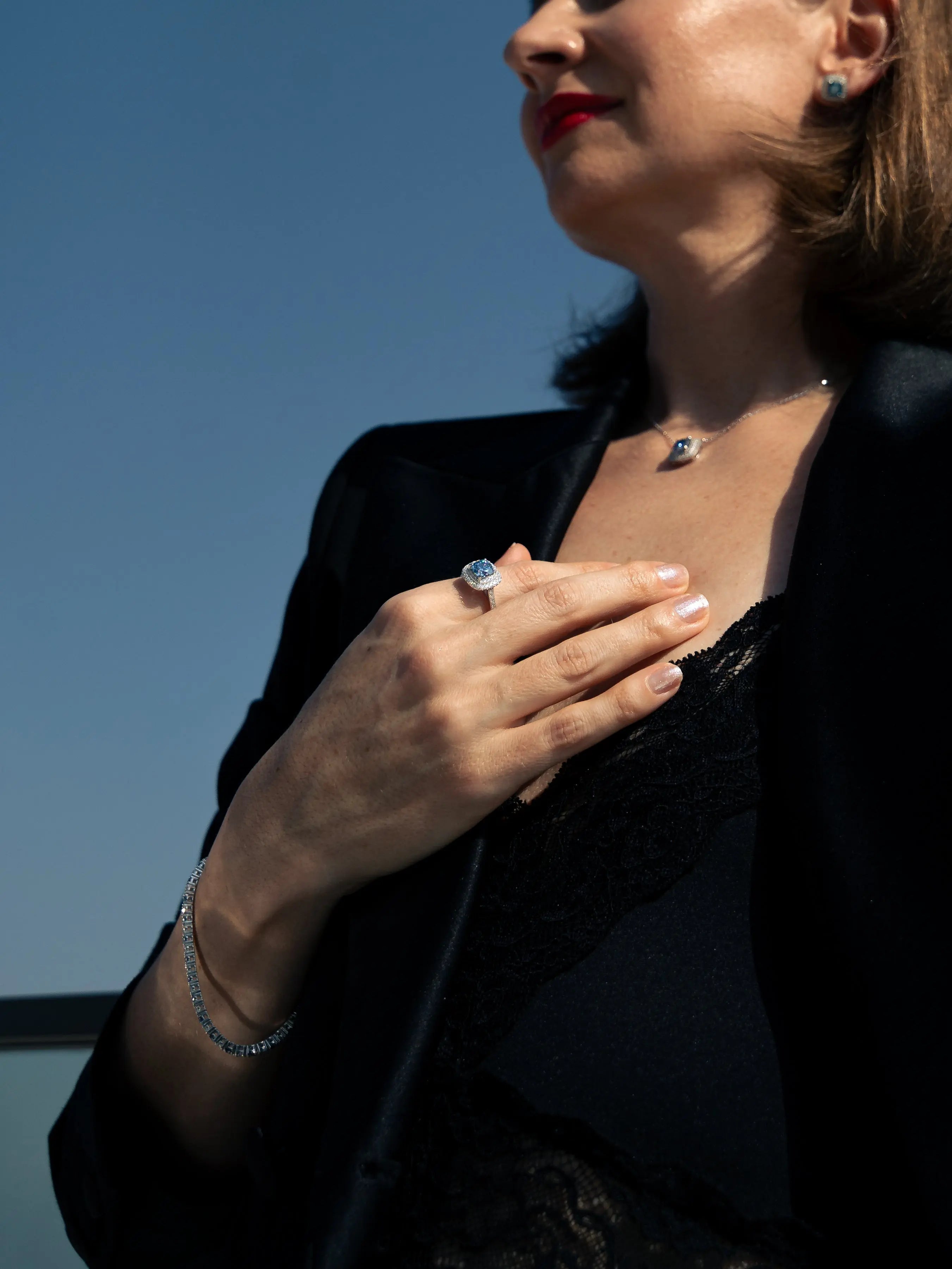 Blue Sapphire & Moissanite Cushion Cut Halo Ring - Lab Grown Diamonds Store