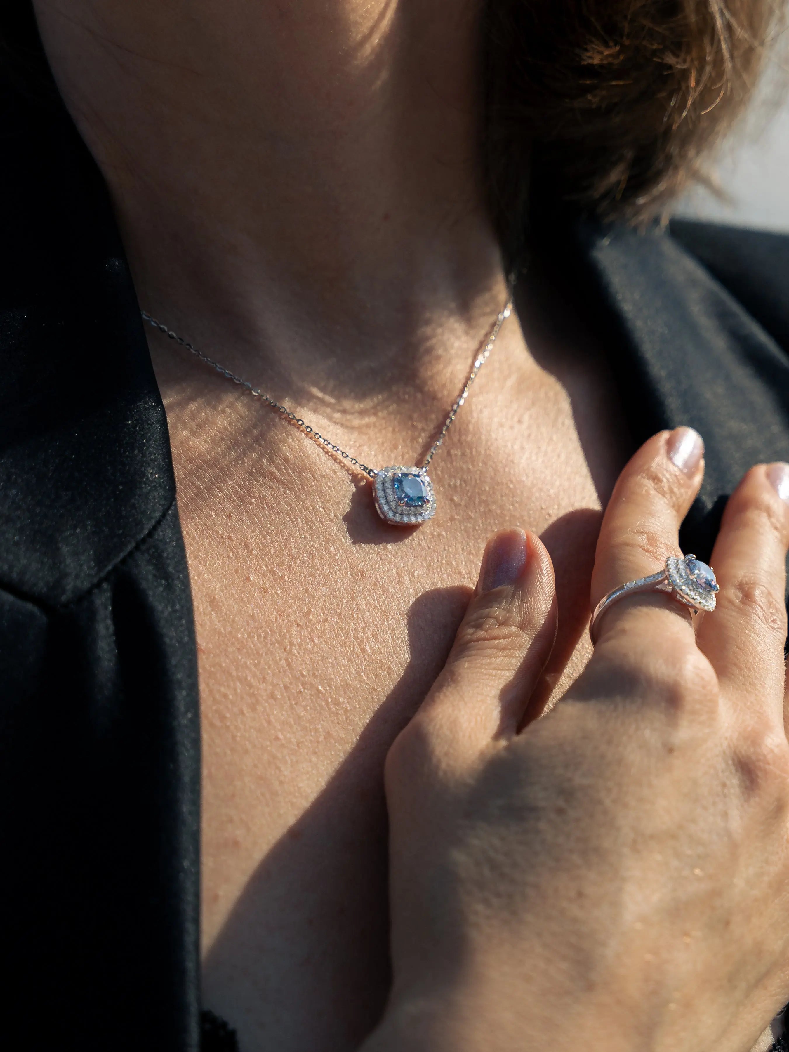 Blue Sapphire & Moissanite Cushion Halo Pendant - Lab Grown Diamonds Store