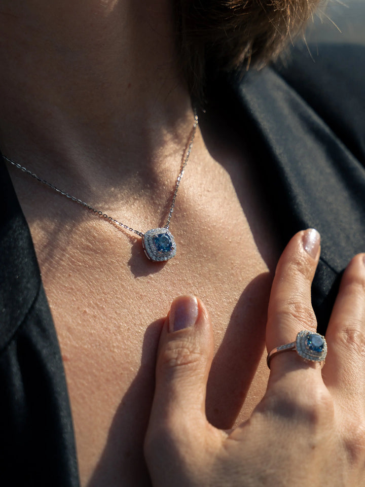 Blue Sapphire & Moissanite Cushion Halo Pendant - Lab Grown Diamonds Store