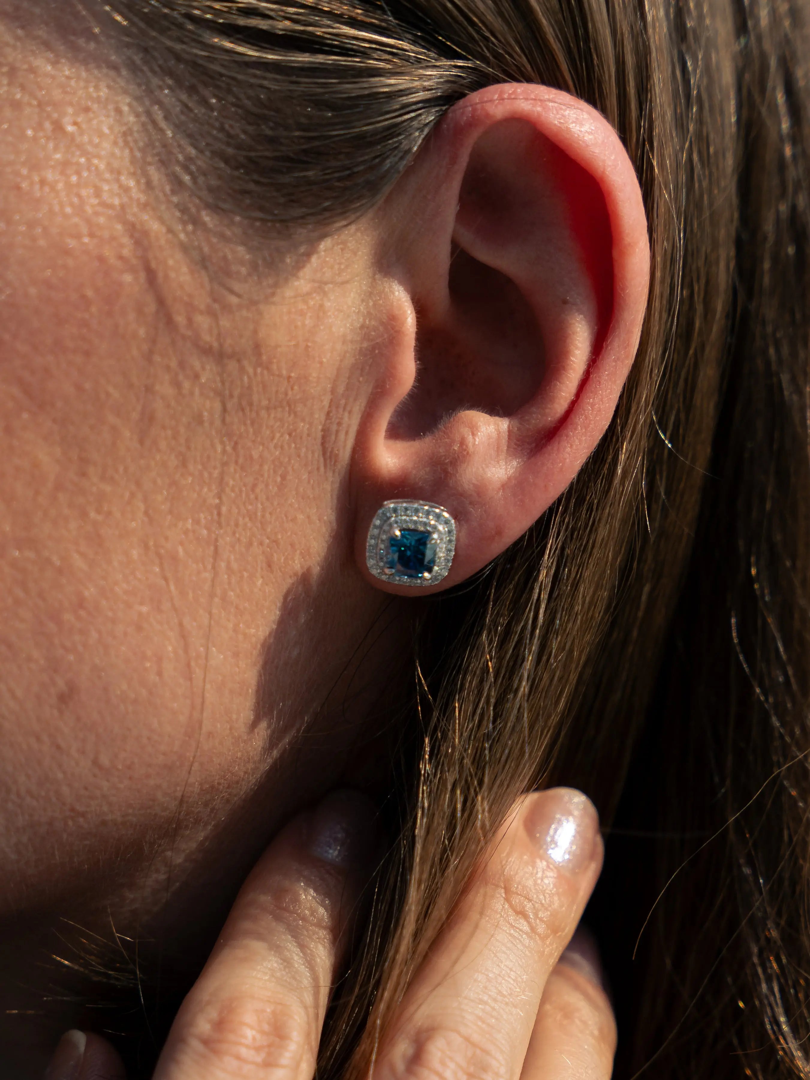 Blue Sapphire & Moissanite Cushion Halo Earrings - Lab Grown Diamonds Store