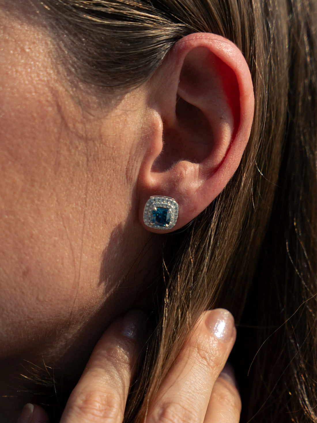 Blue Sapphire & Moissanite Cushion Halo Earrings - Lab Grown Diamonds Store