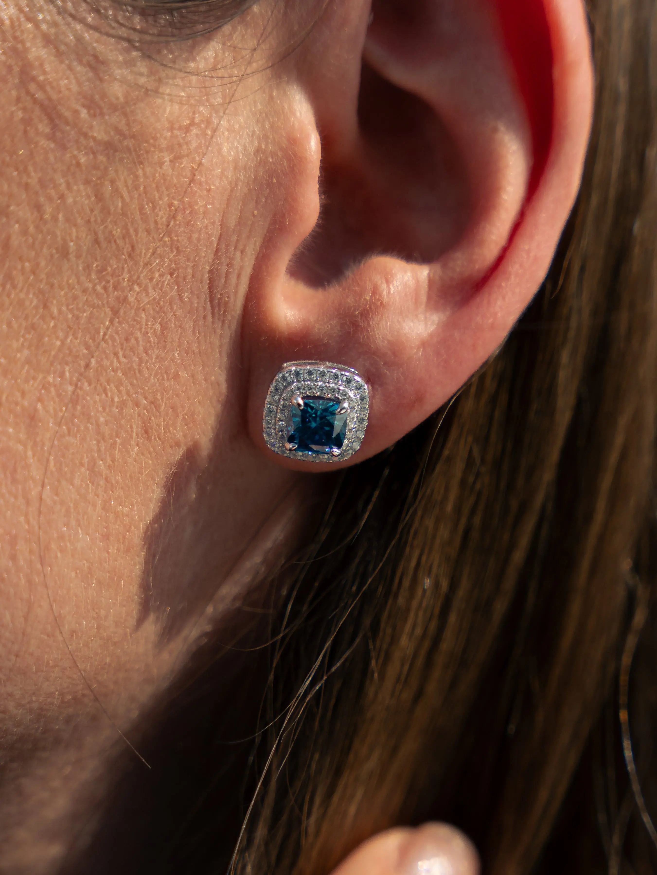 Blue Sapphire & Moissanite Cushion Halo Earrings - Lab Grown Diamonds Store