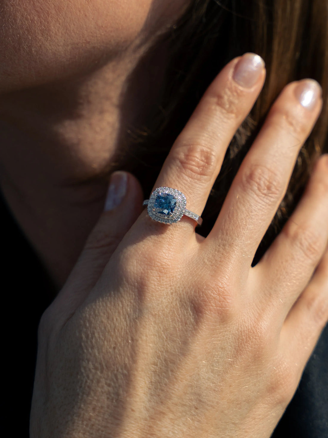 Blue Sapphire & Moissanite Cushion Cut Halo Ring - Lab Grown Diamonds Store