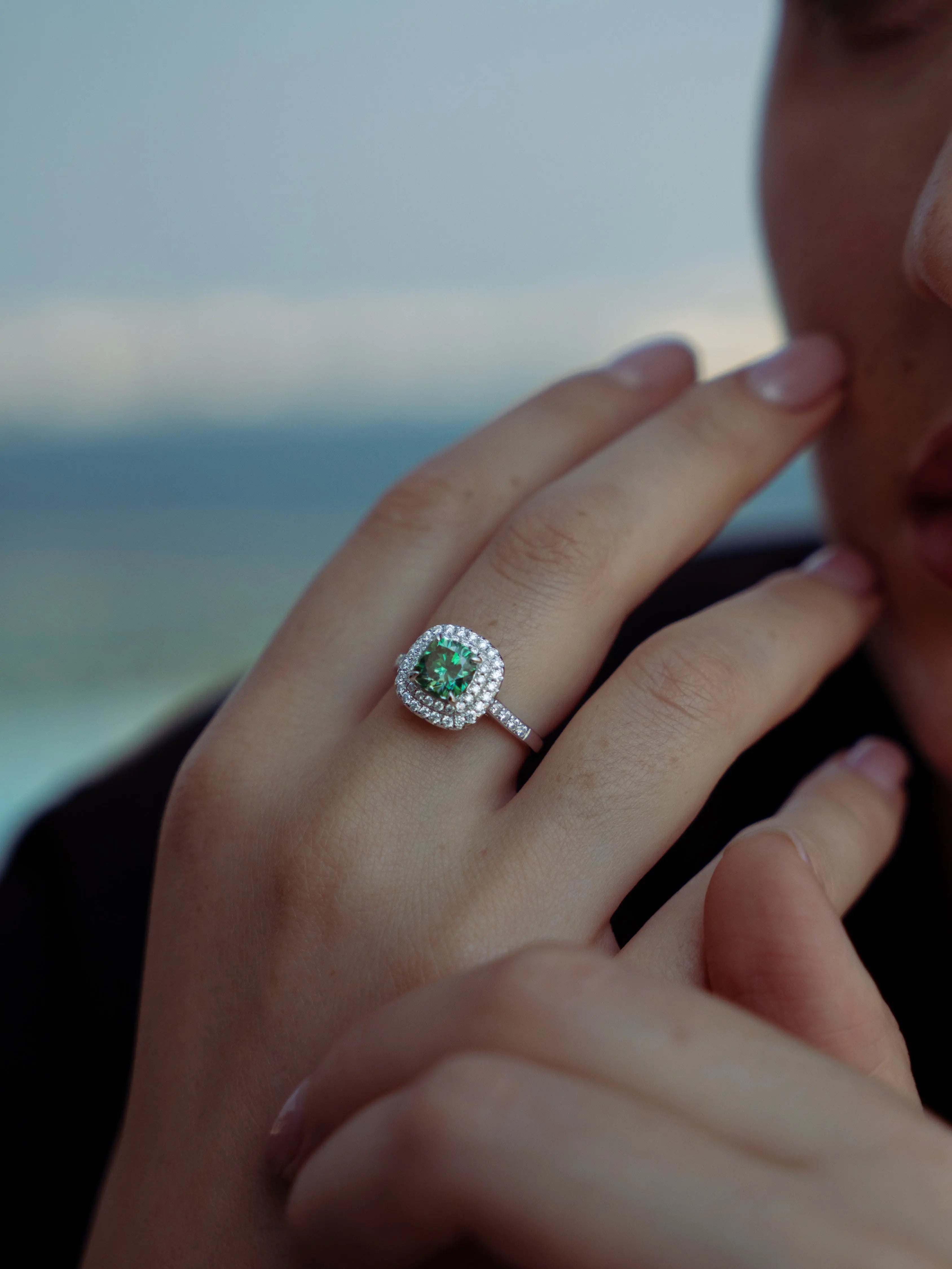 Emerald & Moissanite Cushion Cut Halo Ring - Lab Grown Diamonds Store