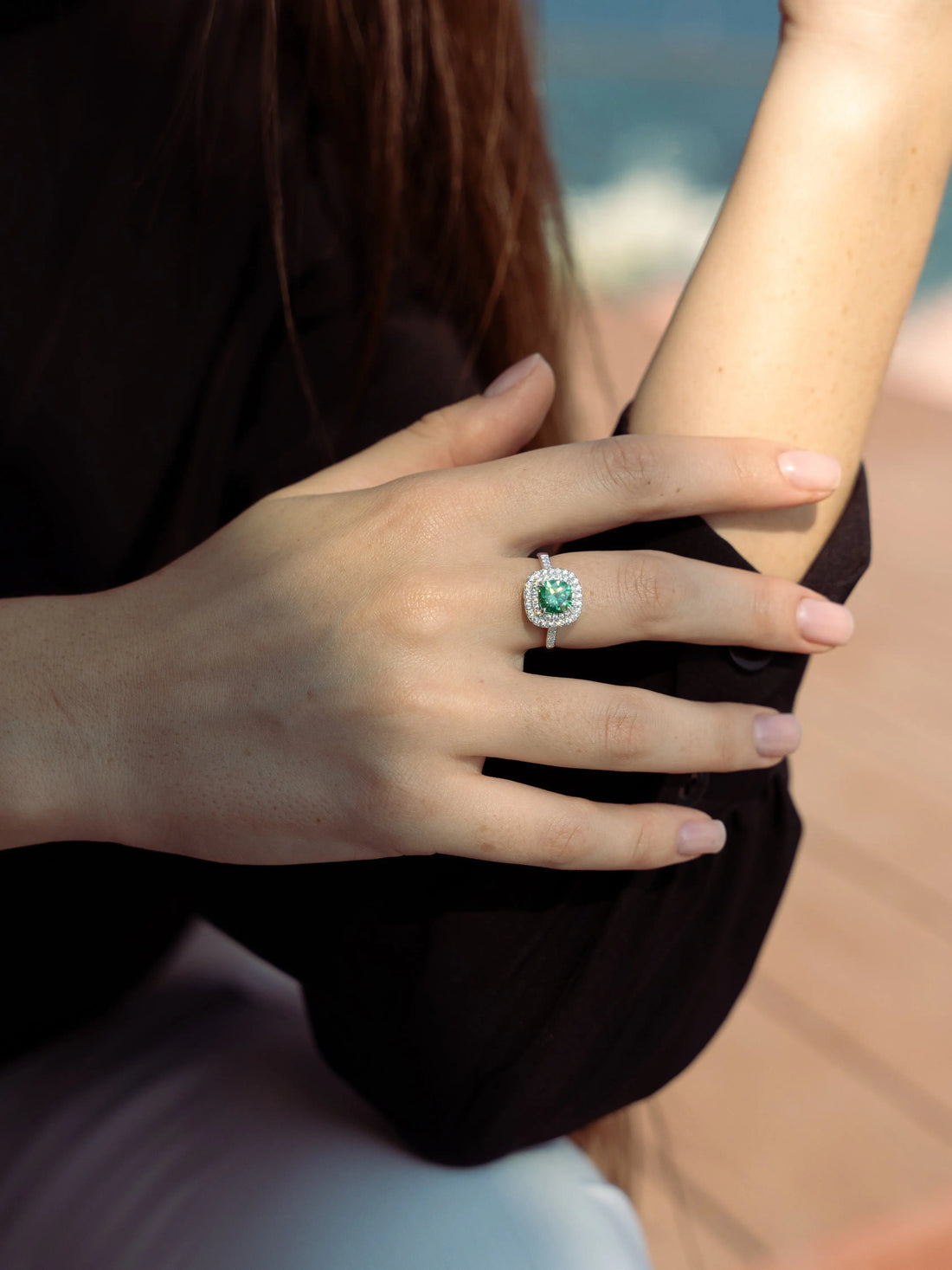 Emerald & Moissanite Cushion Cut Halo Ring - Lab Grown Diamonds Store