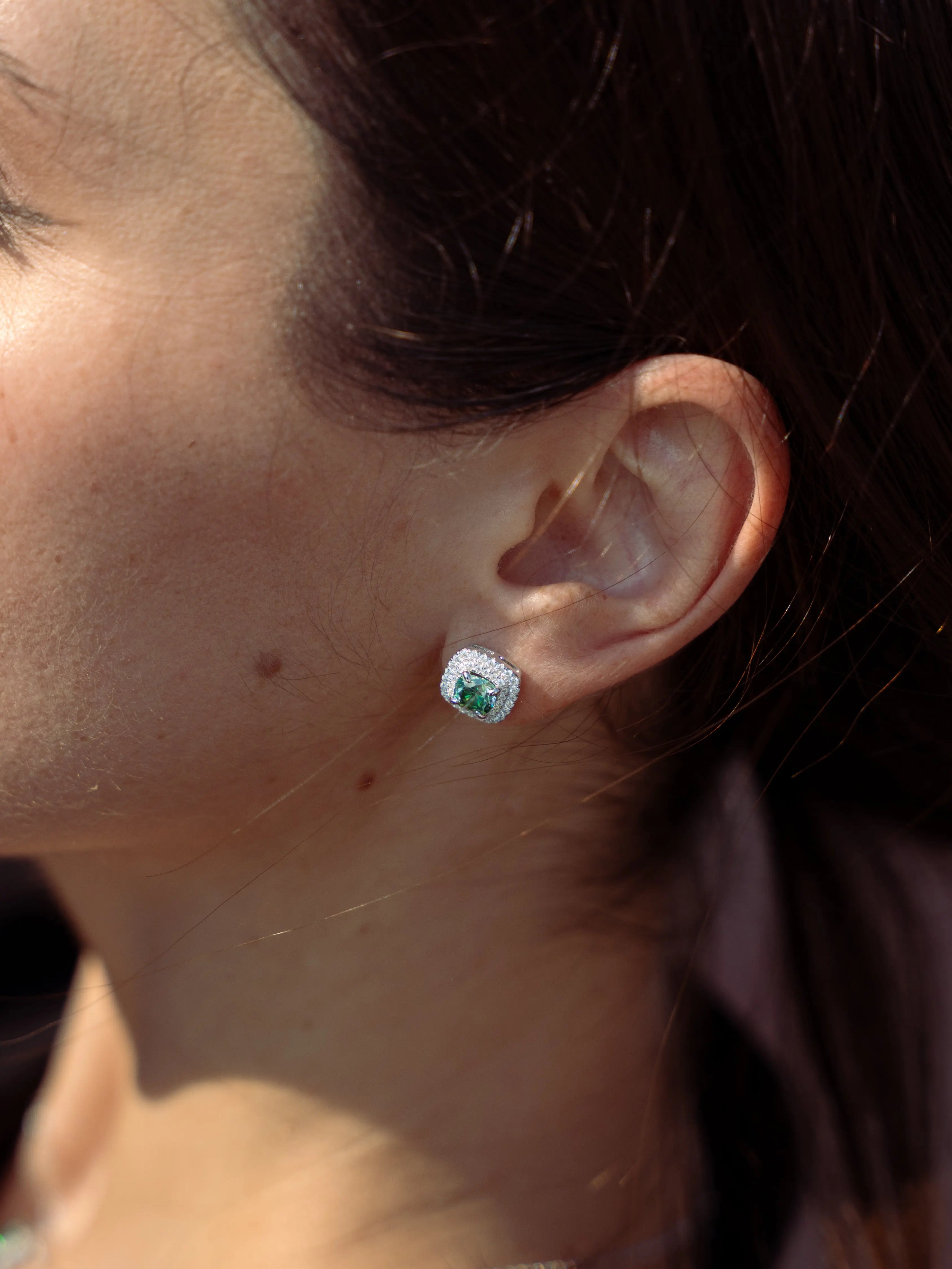 Emerald & Moissanite Cushion Halo Earrings - Lab Grown Diamonds Store