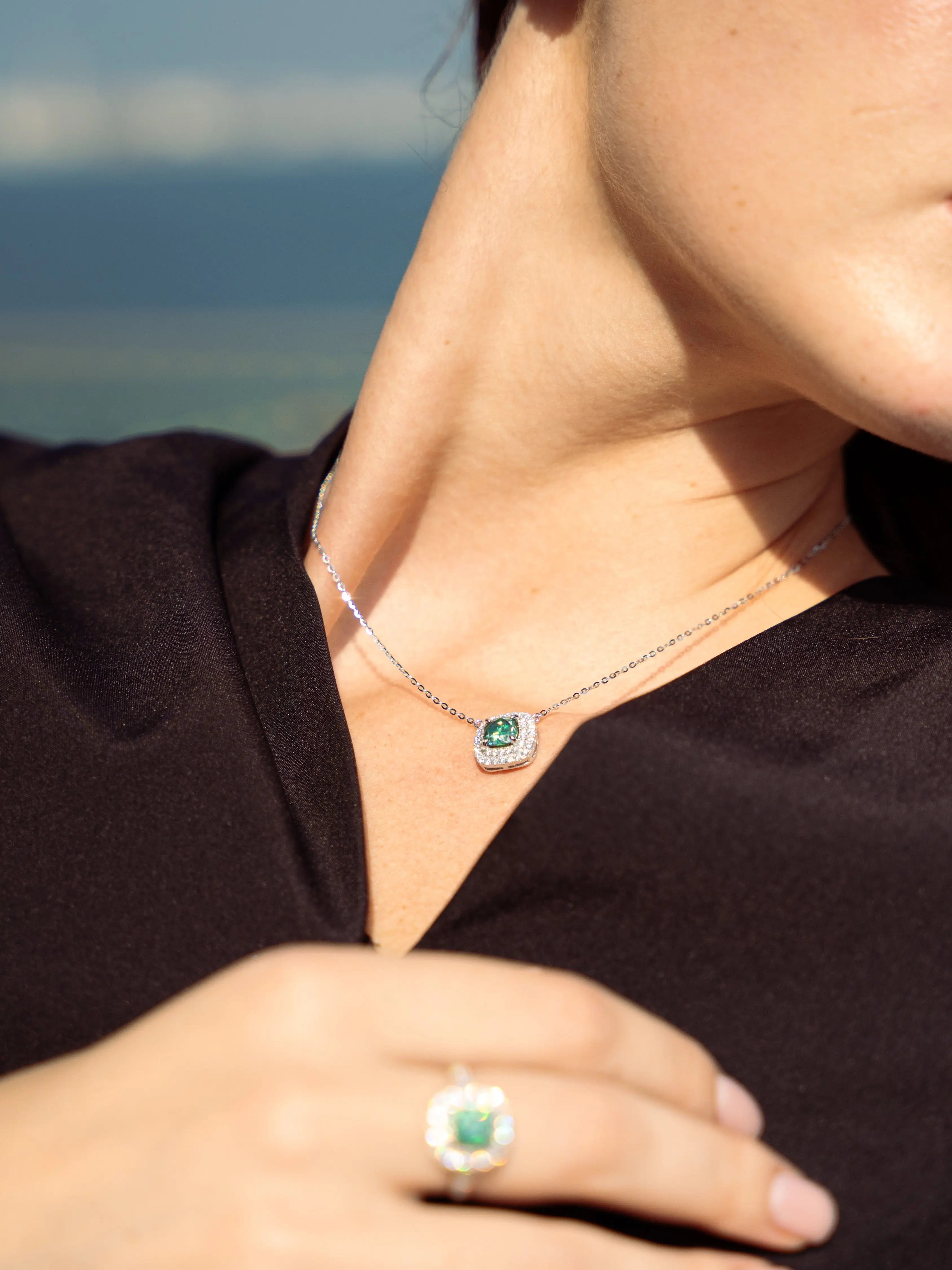 Green Emerald & Moissanite Cushion Halo Pendant - Lab Grown Diamonds Store