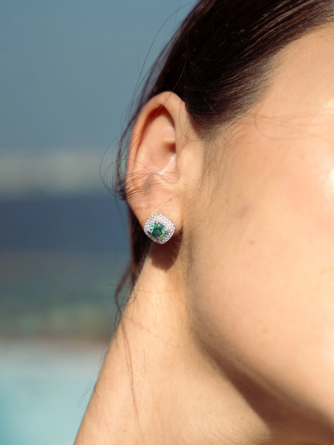 Emerald & Moissanite Cushion Halo Earrings - Lab Grown Diamonds Store