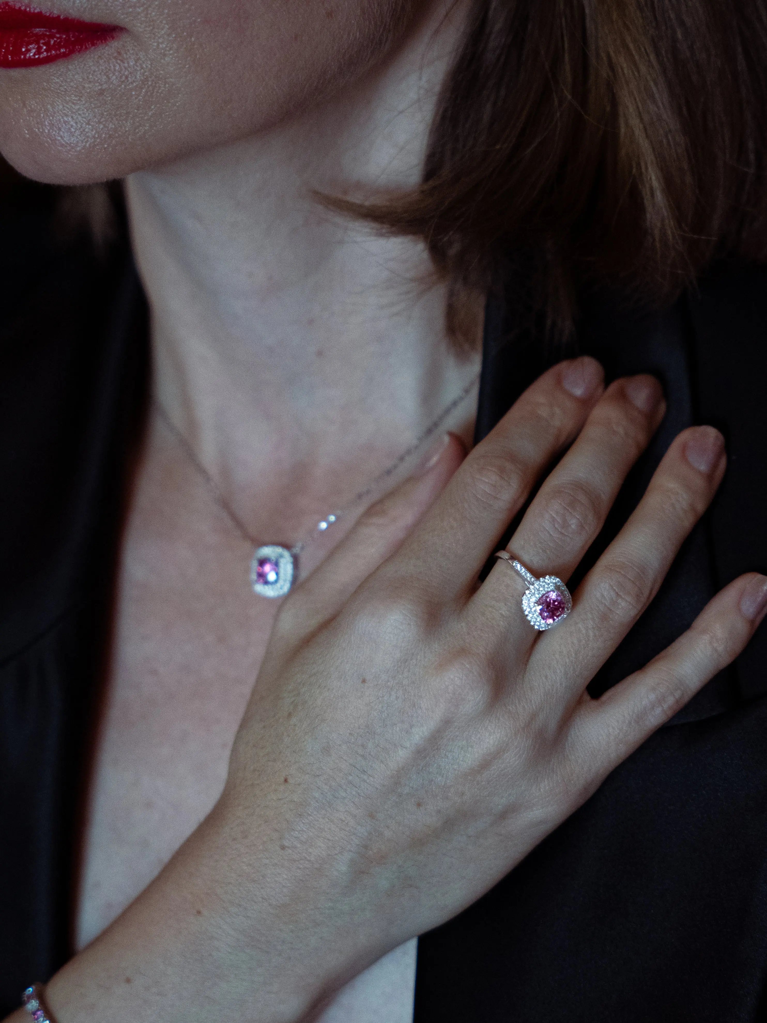 Pink Diamond Inspired & Moissanite Cushion Cut Halo Ring - Lab Grown Diamonds Store