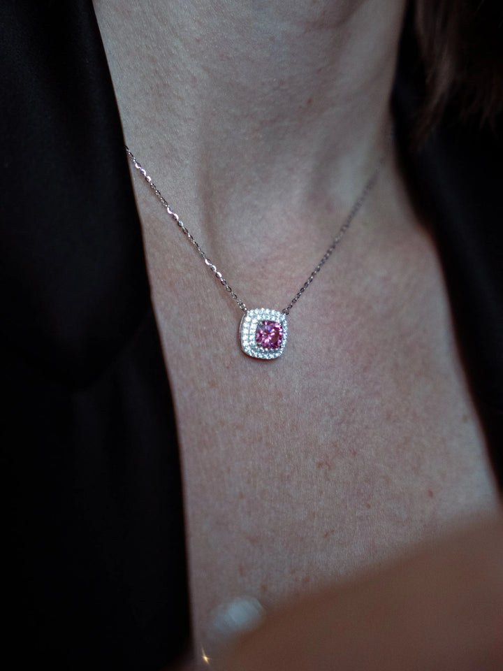 Pink Diamond Inspired & Moissanite Cushion Halo Pendant - Lab Grown Diamonds Store