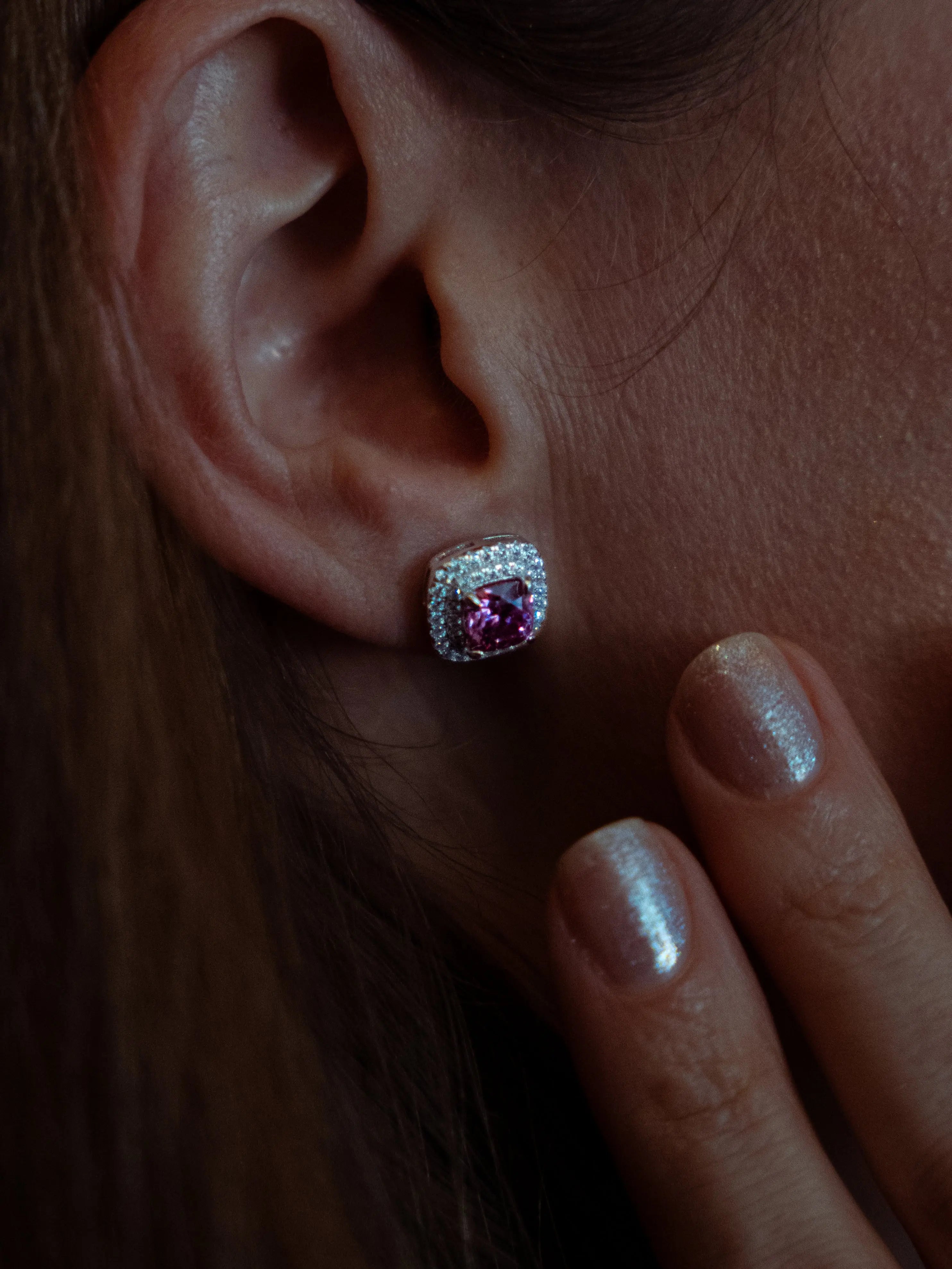 Pink Diamond Inspired & Moissanite Cushion Halo Earrings - Lab Grown Diamonds Store