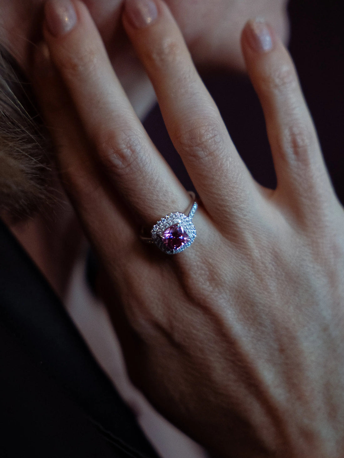 Pink Diamond Inspired & Moissanite Cushion Cut Halo Ring - Lab Grown Diamonds Store