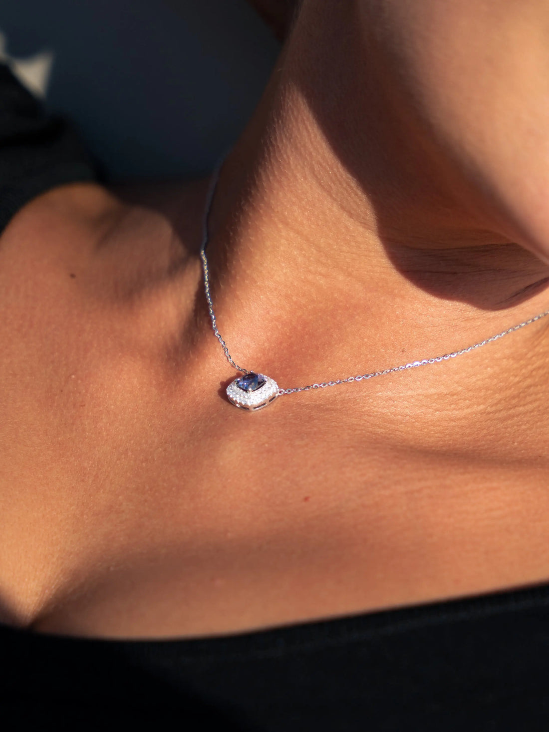 Lab Grown Diamonds Amethyst & Moissanite Cushion Halo Pendant - Lab Grown Diamonds Store