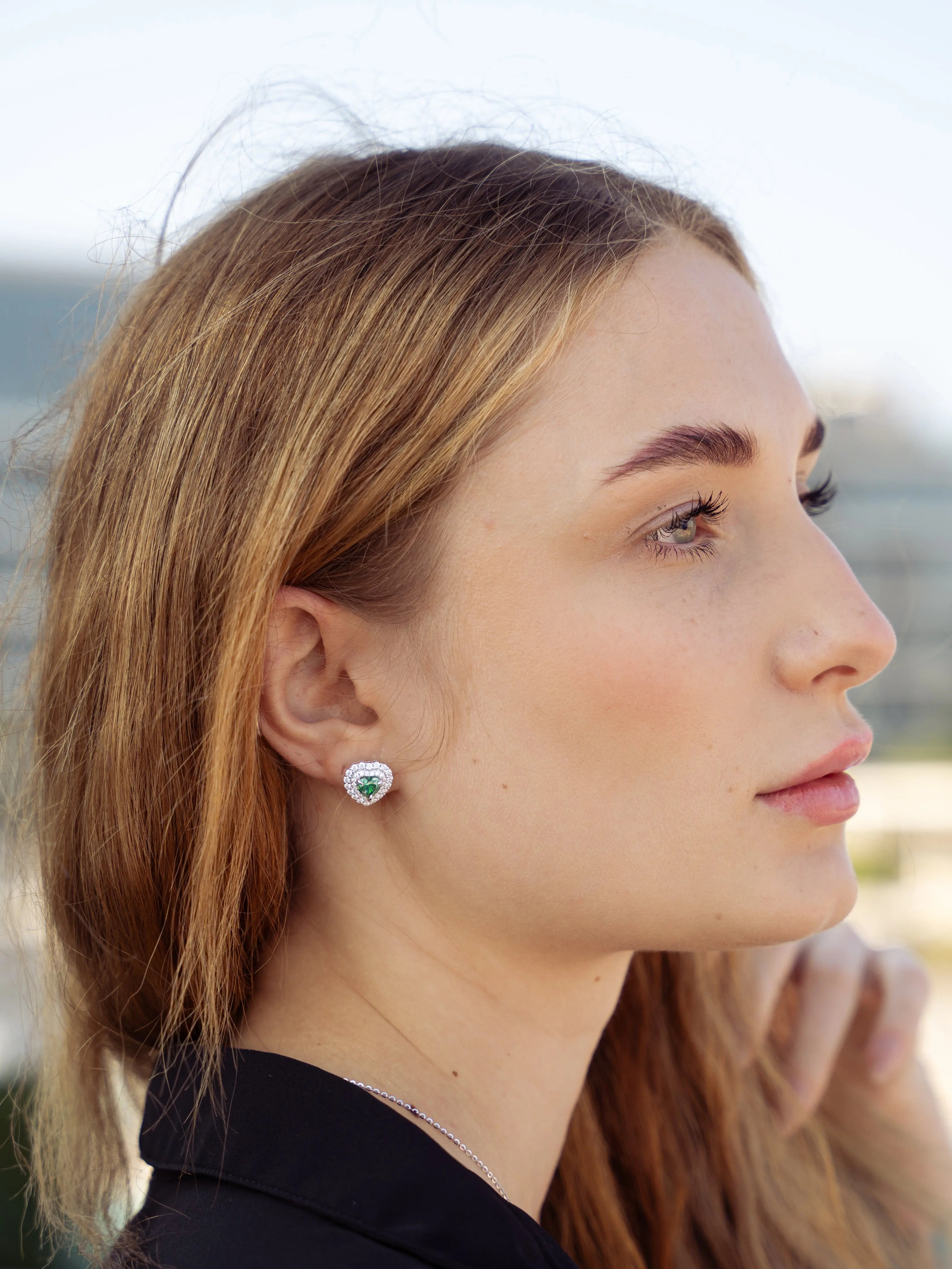 Emerald & Moissanite Heart Halo Earrings - Lab Grown Diamonds Store